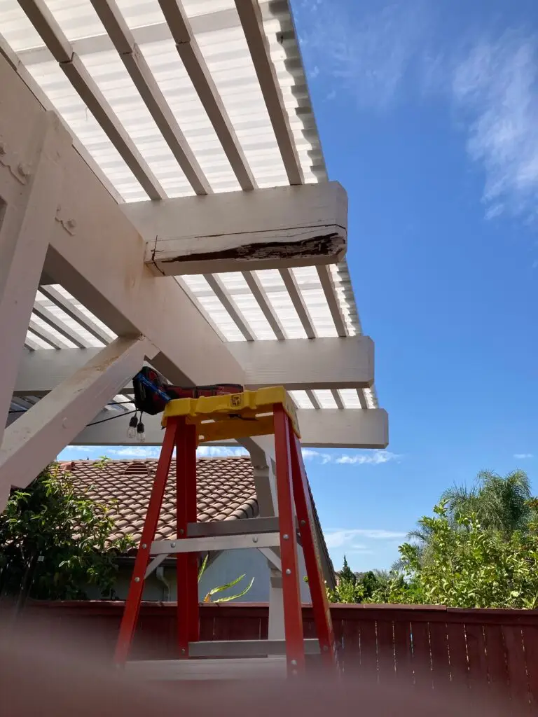 Pergola Wood Repair in Northridge — fiberglass filler application